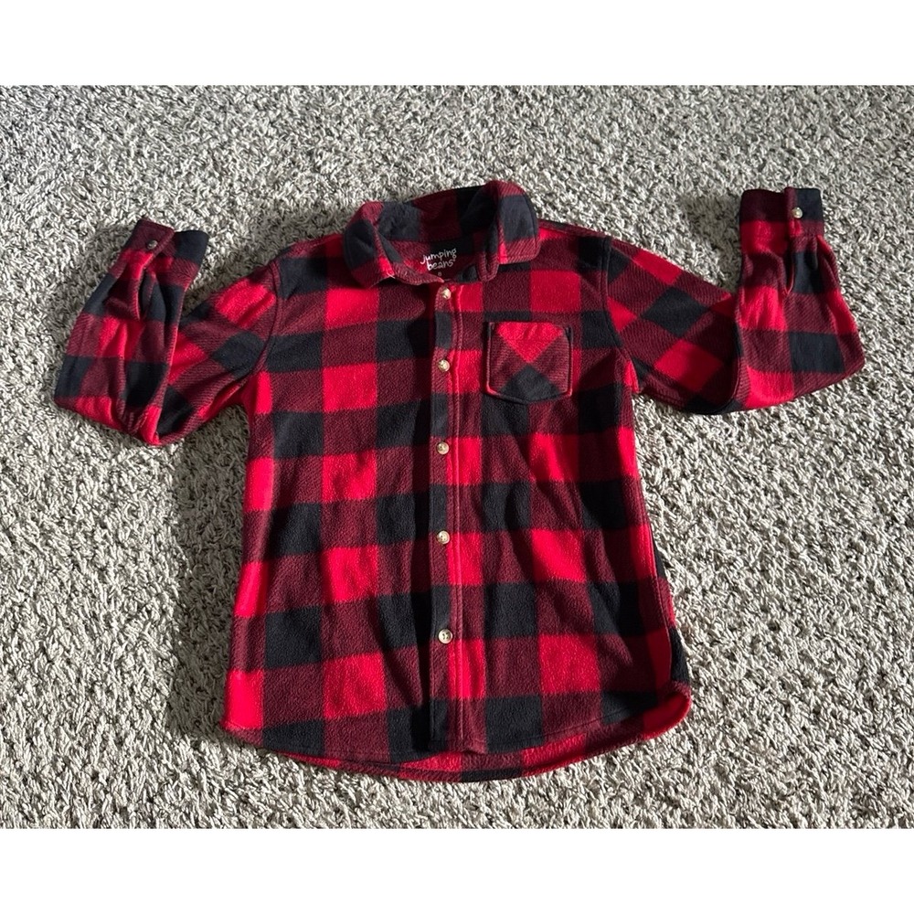 Jumping Beans Boys Red Black Plaid Fleece Button Down Size 8